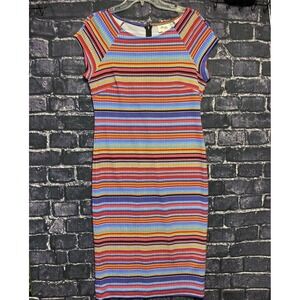 Beige By ECI Dress Womens 10 Red Blue Orange Striped‎ Bodycon Stretch Knit Zip